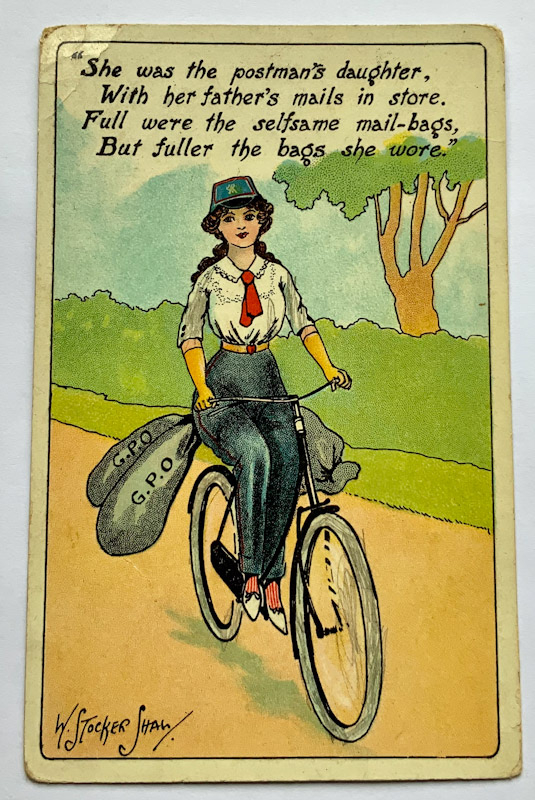 Early 1900s postcard mail delivery Cyclist by W Stocker Shaw